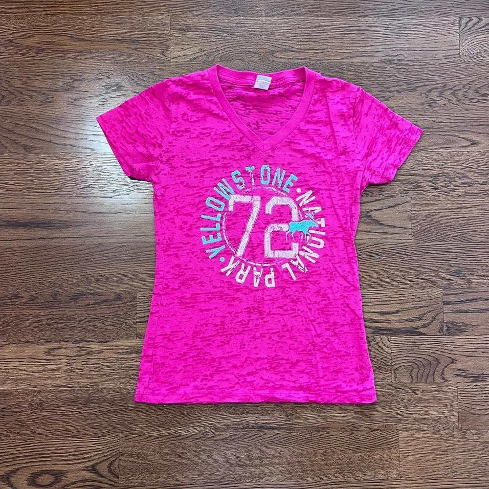 🍟Y2K Hot Pink Graphic Burnout V-Neck T-Shirt Medium